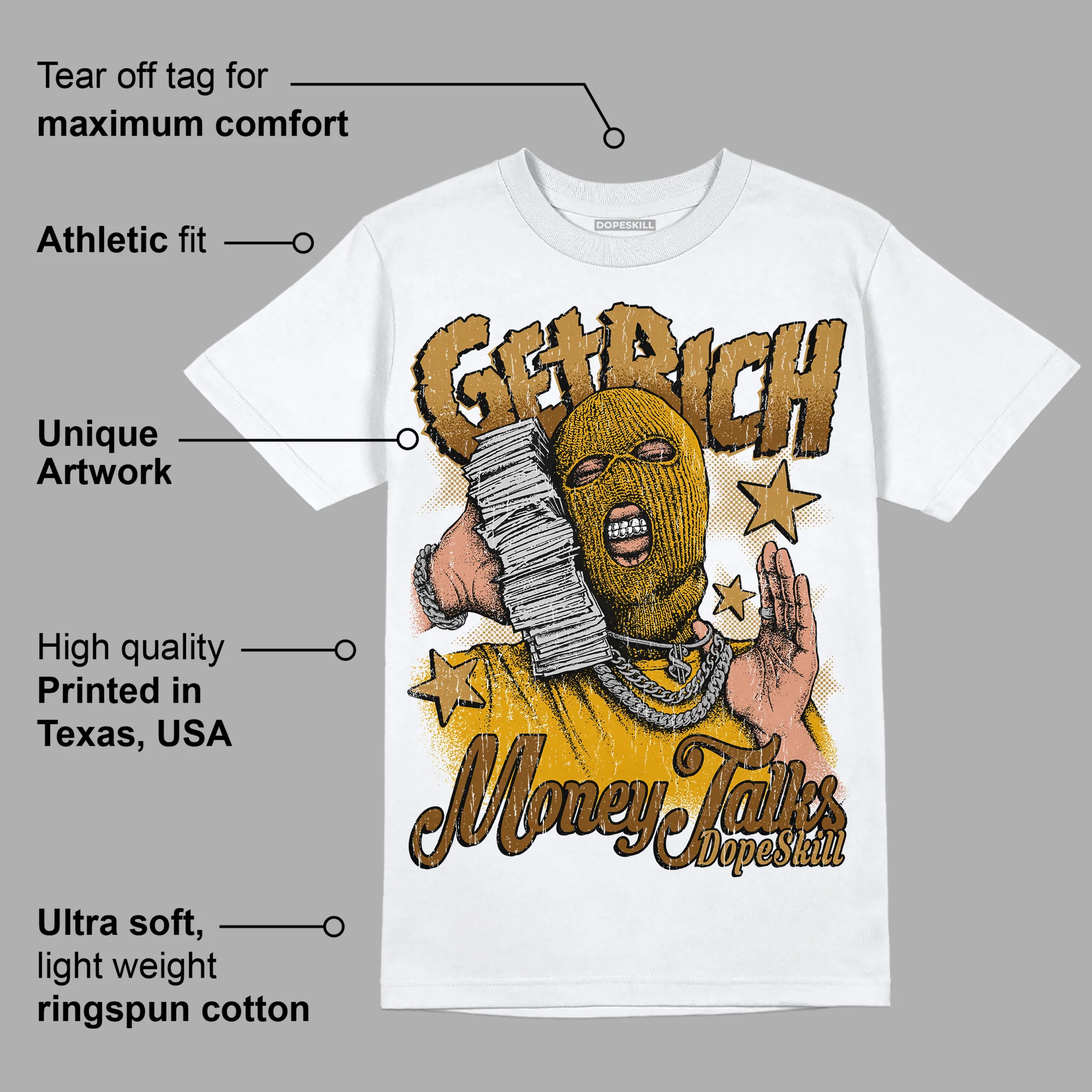 Wheat 13s DopeSkill T-Shirt Get Rich Graphic - Image 3